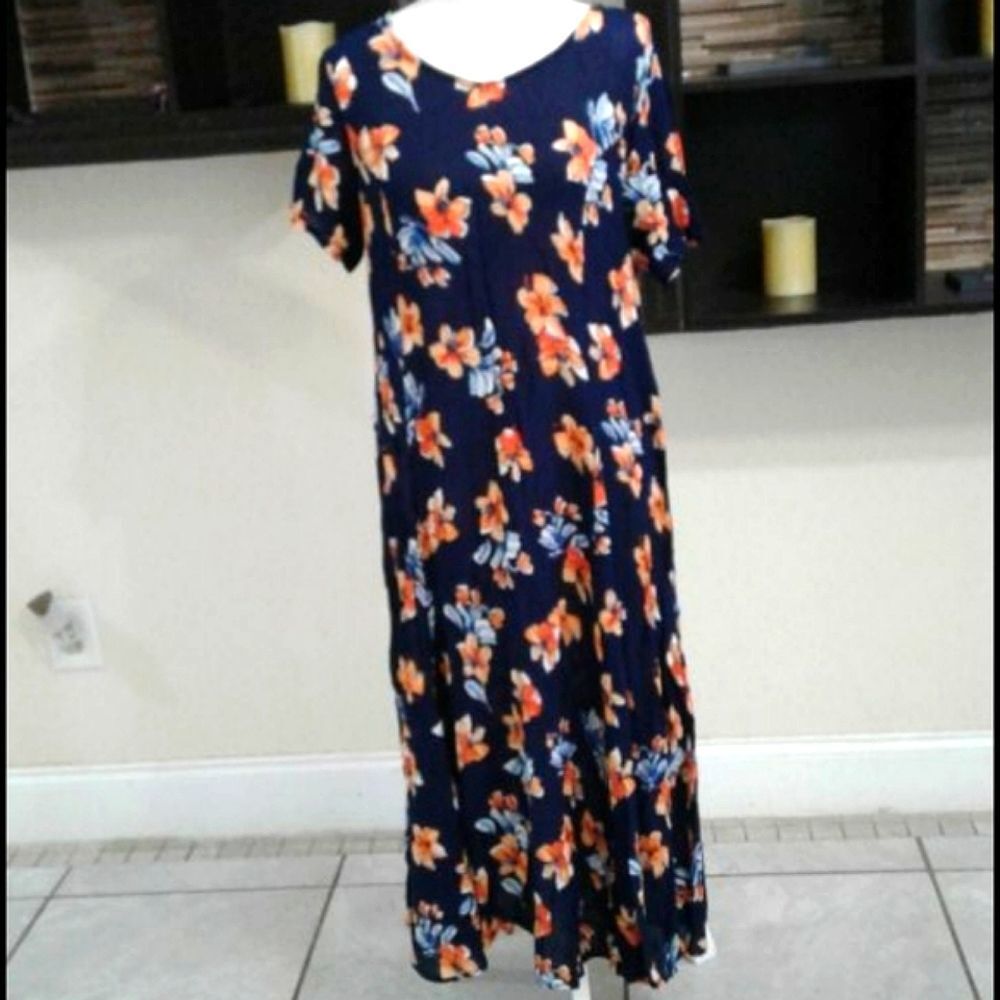 Woman Within Navy Floral Boho Prairie Summery Rayon Shift Maxi Dress 12P